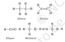 Complete structural formulas of ethane, ethene, ethyne, methanol and ethanol.