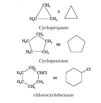 Skeletal representations of cyclic compounds, including cyclopropane, cyclopentane and chlorocyclohexane.