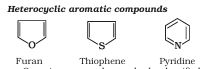 Heterocyclic aromatic compounds: furan, thiophene and pyridine.