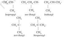 Structures of isopropyl, sec-butyl, isobutyl, tert-butyl and neopentyl groups.
