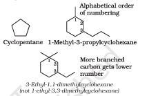 Examples show numbering and naming rules for substituted cycloalkanes.