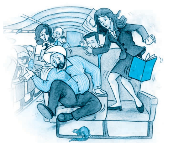 Mij causes a commotion aboard the aeroplane.