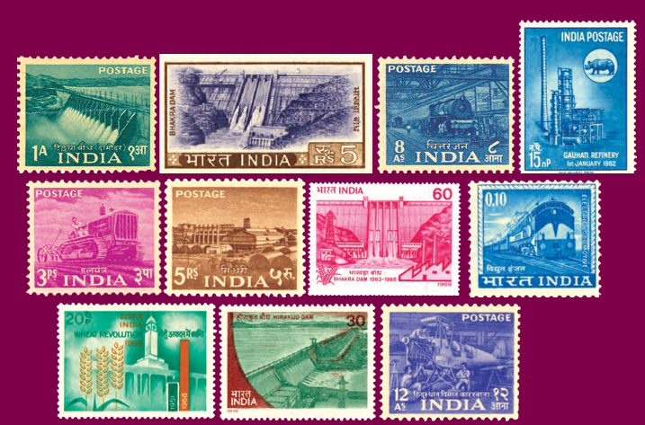Stamps issued mostly from 1955 to 1968 depicted planned development through dams, industry, transport and agriculture, including the Wheat Revolution.