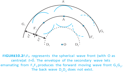 Secondary wavelets form the forward-moving spherical wavefront; no backward wavefront forms.
