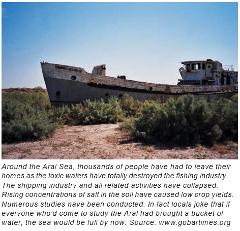 A stranded ship on the dried-up Aral Sea shore illustrates environmental decline.