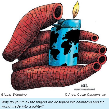 An editorial cartoon represents human-caused global warming.