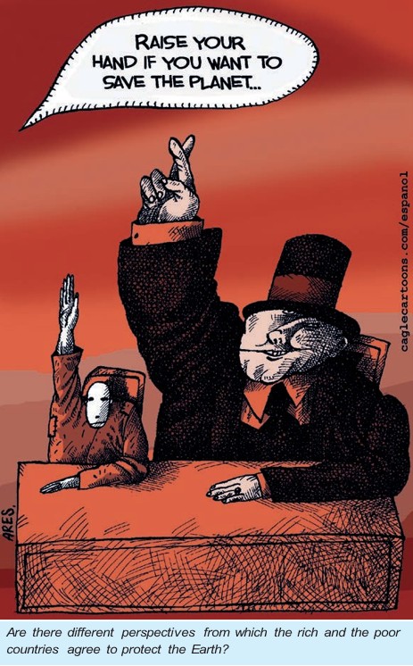 A political cartoon contrasts rich and poor countries’ perspectives on protecting the Earth.