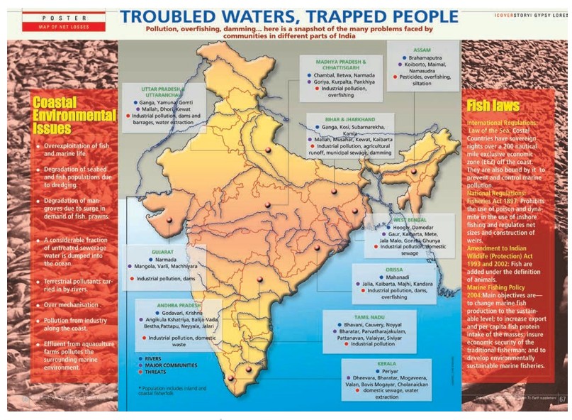 Map of India highlighting river pollution, environmental threats to communities, coastal issues and fishery laws.