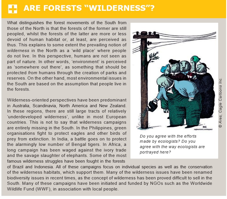 Political cartoon depicting environmentalists around a utility pole.