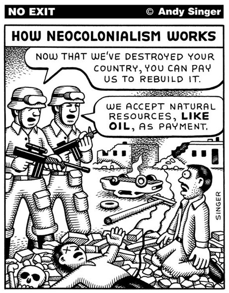 A devastated country is offered reconstruction in exchange for resources such as oil, illustrating neocolonial resource control.