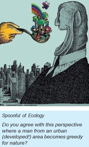 A contrast between an urban man and a spoonful of nature prompts reflection on urban demands for natural resources.