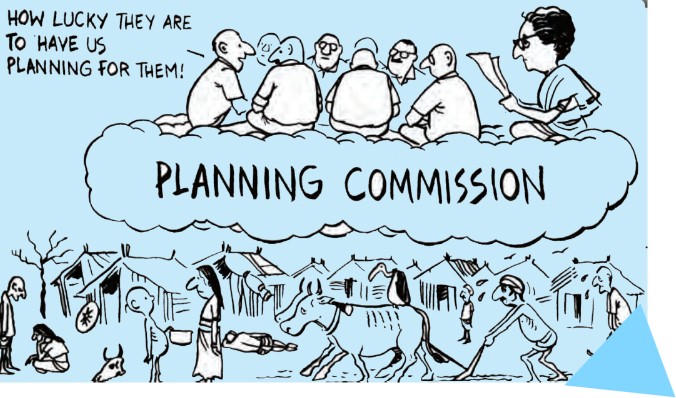 Cartoon contrasting Planning Commission planners with rural people affected by their plans.