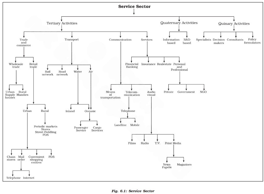 Flowchart showing branches and examples of tertiary, quaternary and quinary service-sector activities.