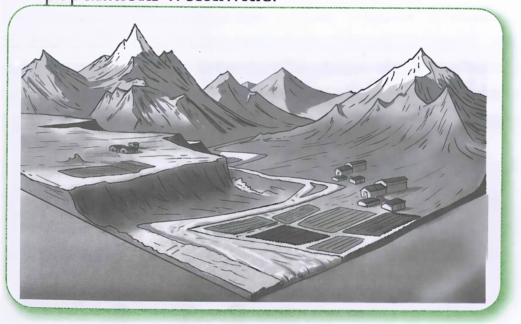 Glacial valley with glacier flowing down mountains
