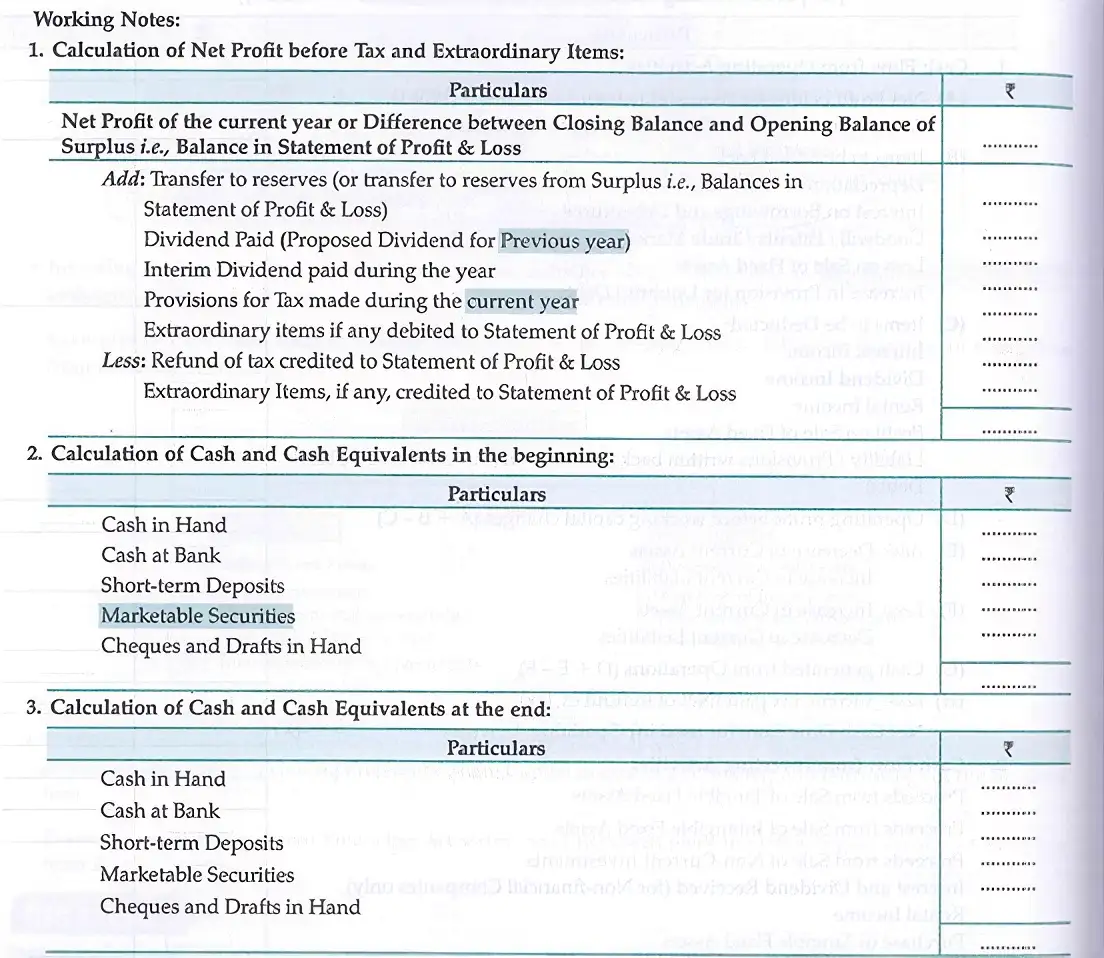 Working Notes for Cash Flow Statement