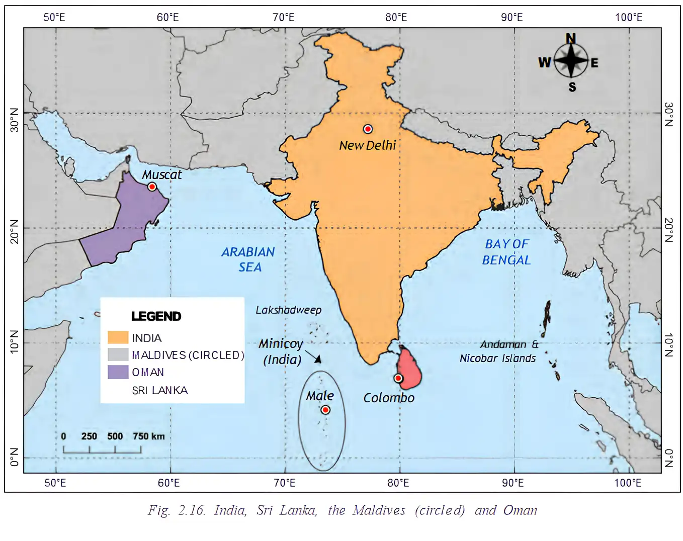 Map of India, Sri Lanka, Maldives, and Oman
