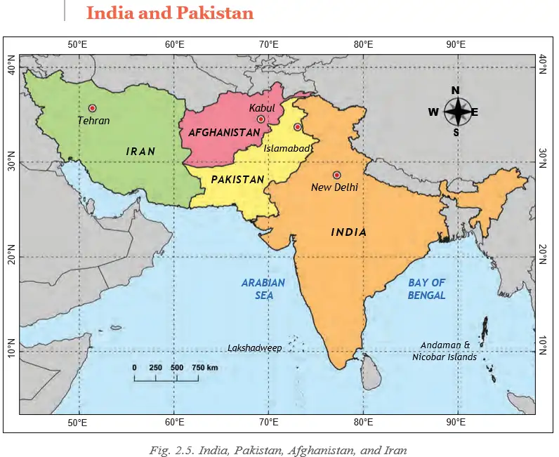 Map of India, Pakistan, Afghanistan, and Iran