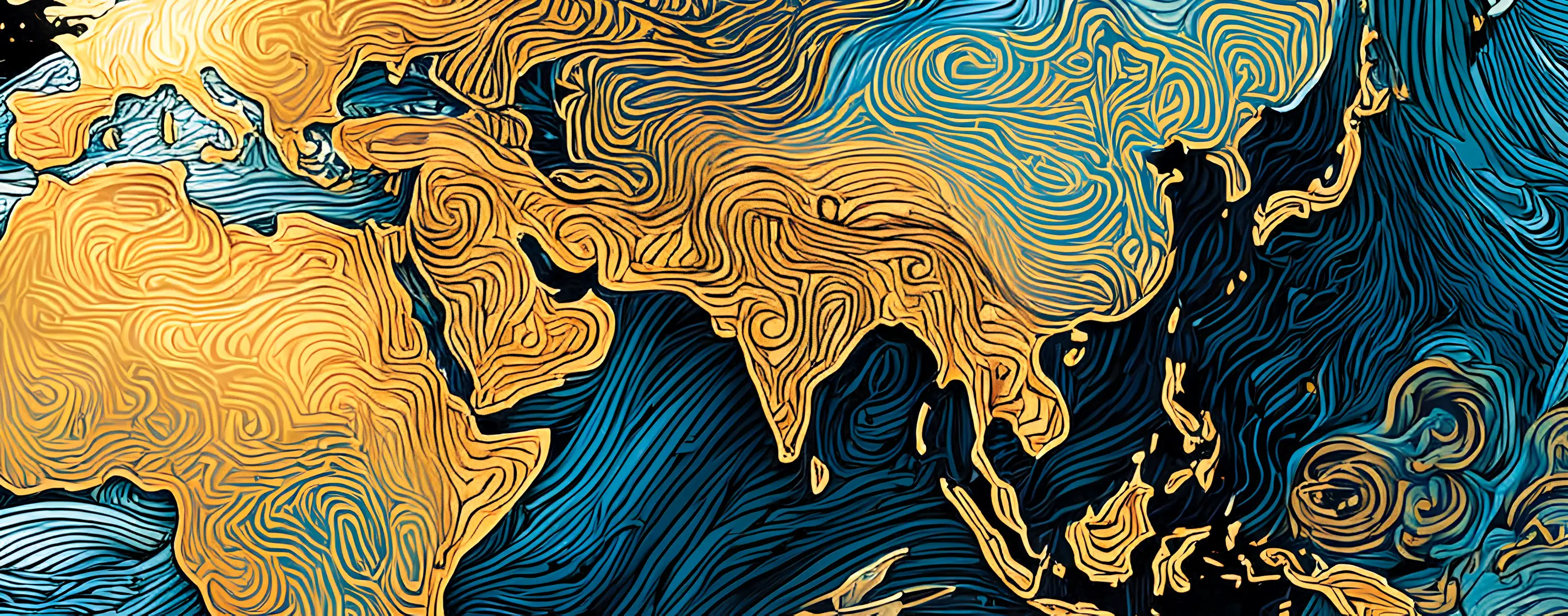 Stylized map showing parts of Africa, the Middle East, Asia, and Southeast Asia