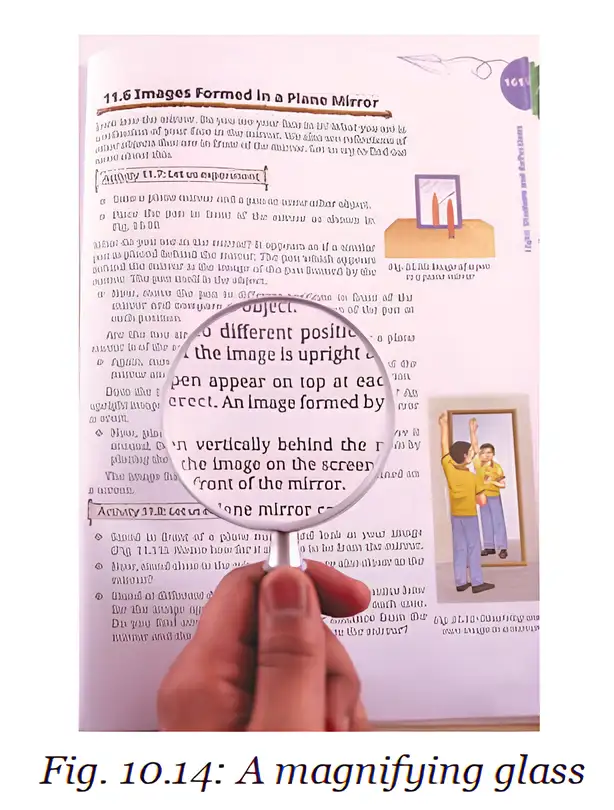 A magnifying glass enlarges text viewed through it.