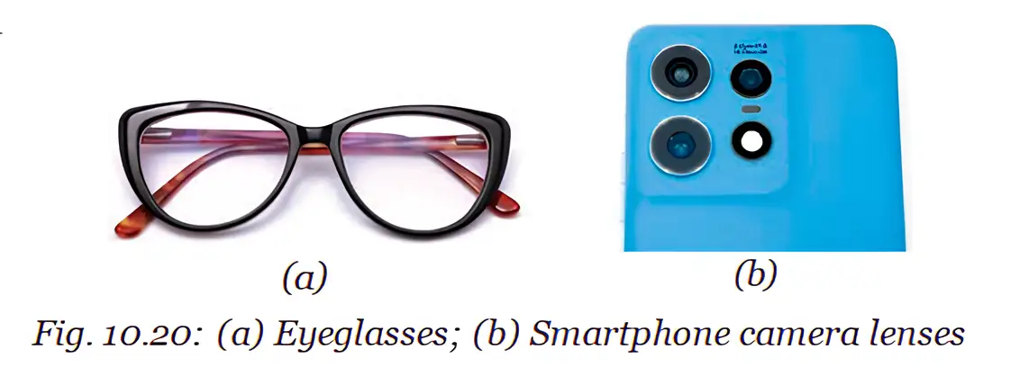 Eyeglasses and smartphone camera lenses are everyday examples.