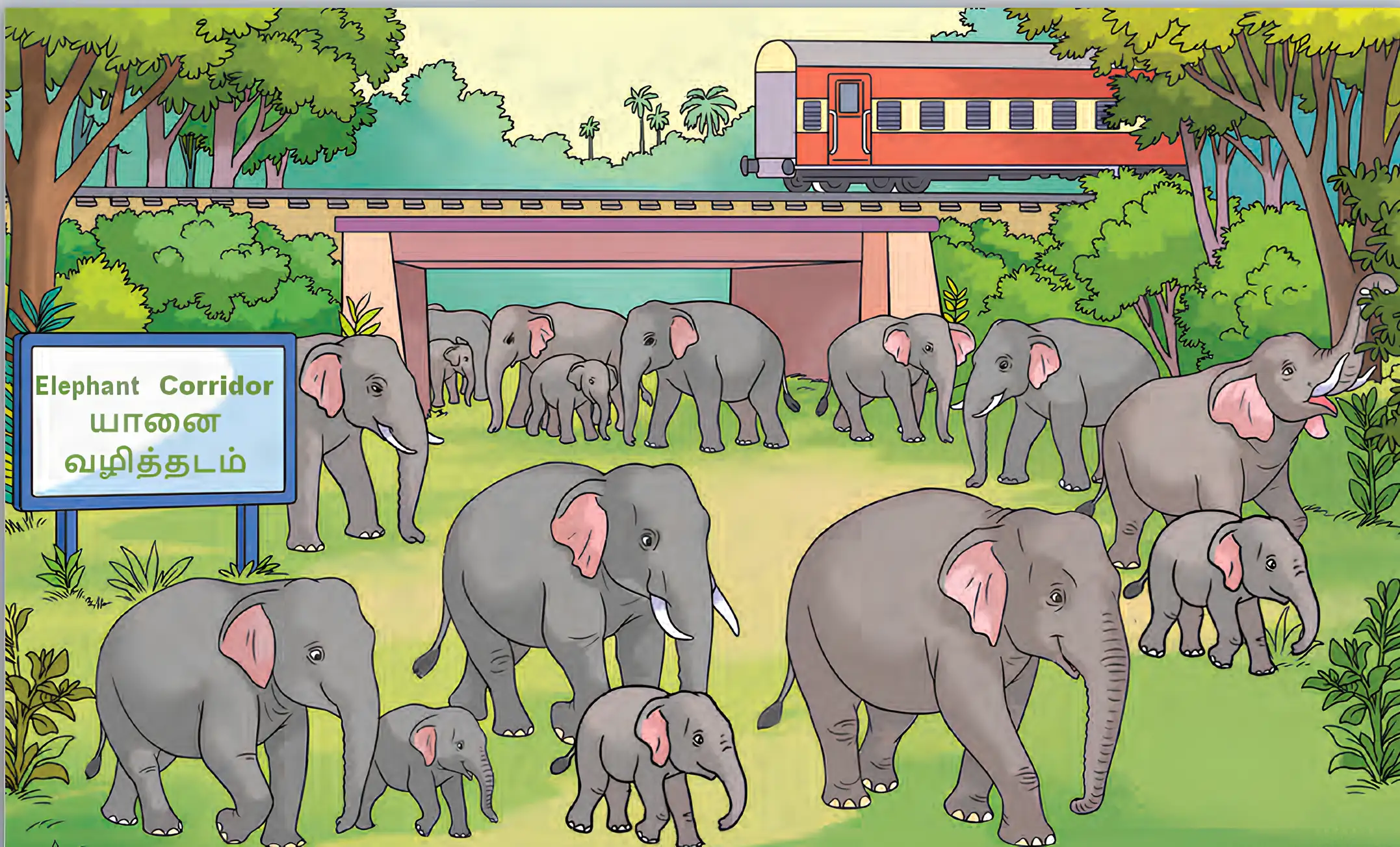 A wildlife corridor lets elephants pass safely beneath a railway.