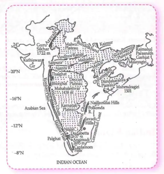 Physical Map of Mountain and Plateau Regions in India