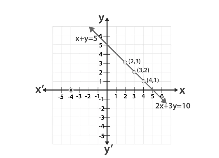 Graph showing coincident lines for equations x + y = 5 and 2x + 2y = 10