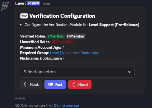 Level verification configuration interface