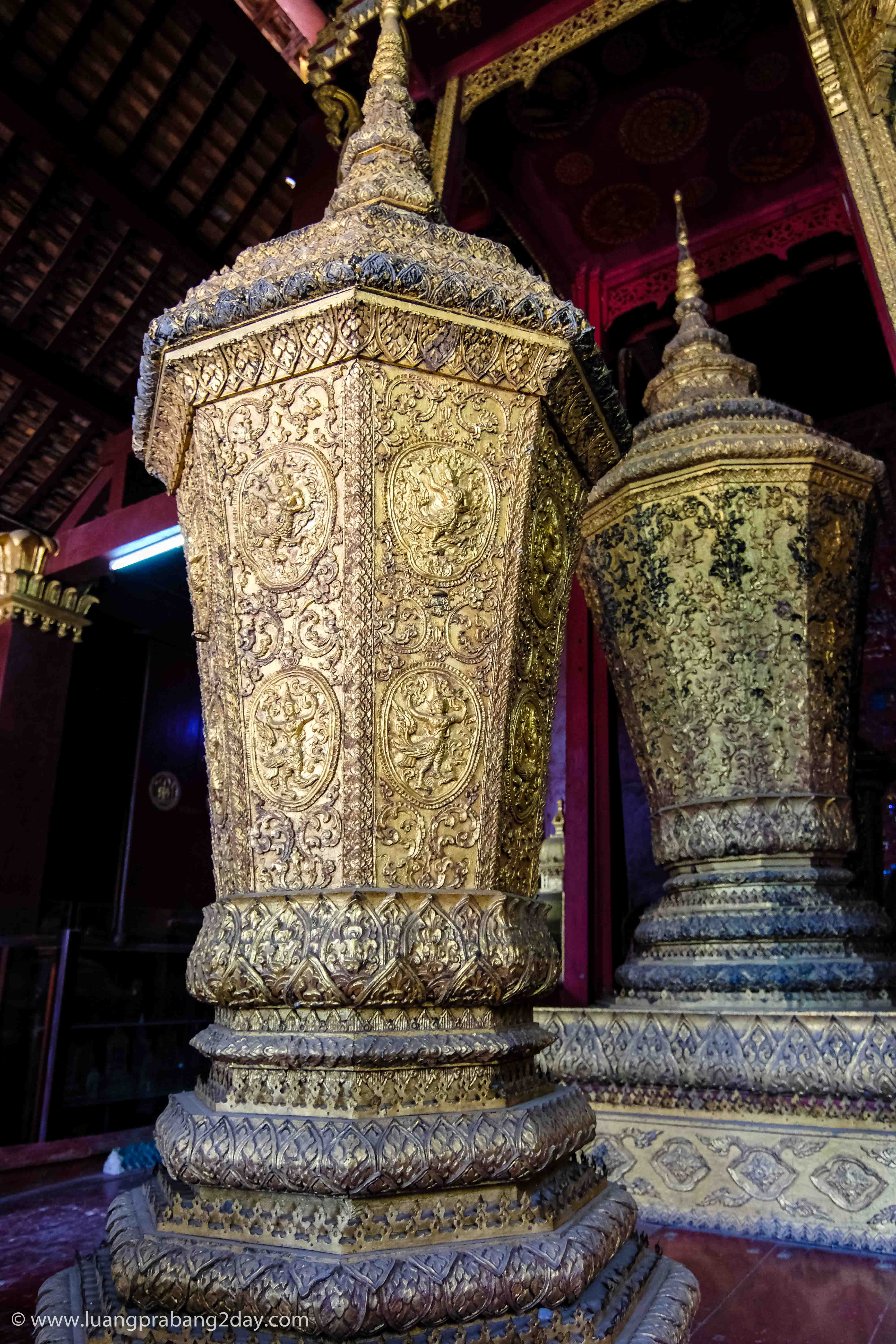 Decorated ceremonial pedestal displaying traditional Lao Buddhist craftsmanship inside Wat Xieng Thong. Decorated ceremonial pedestal displaying traditional Lao Buddhist craftsmanship inside Wat Xieng Thong.