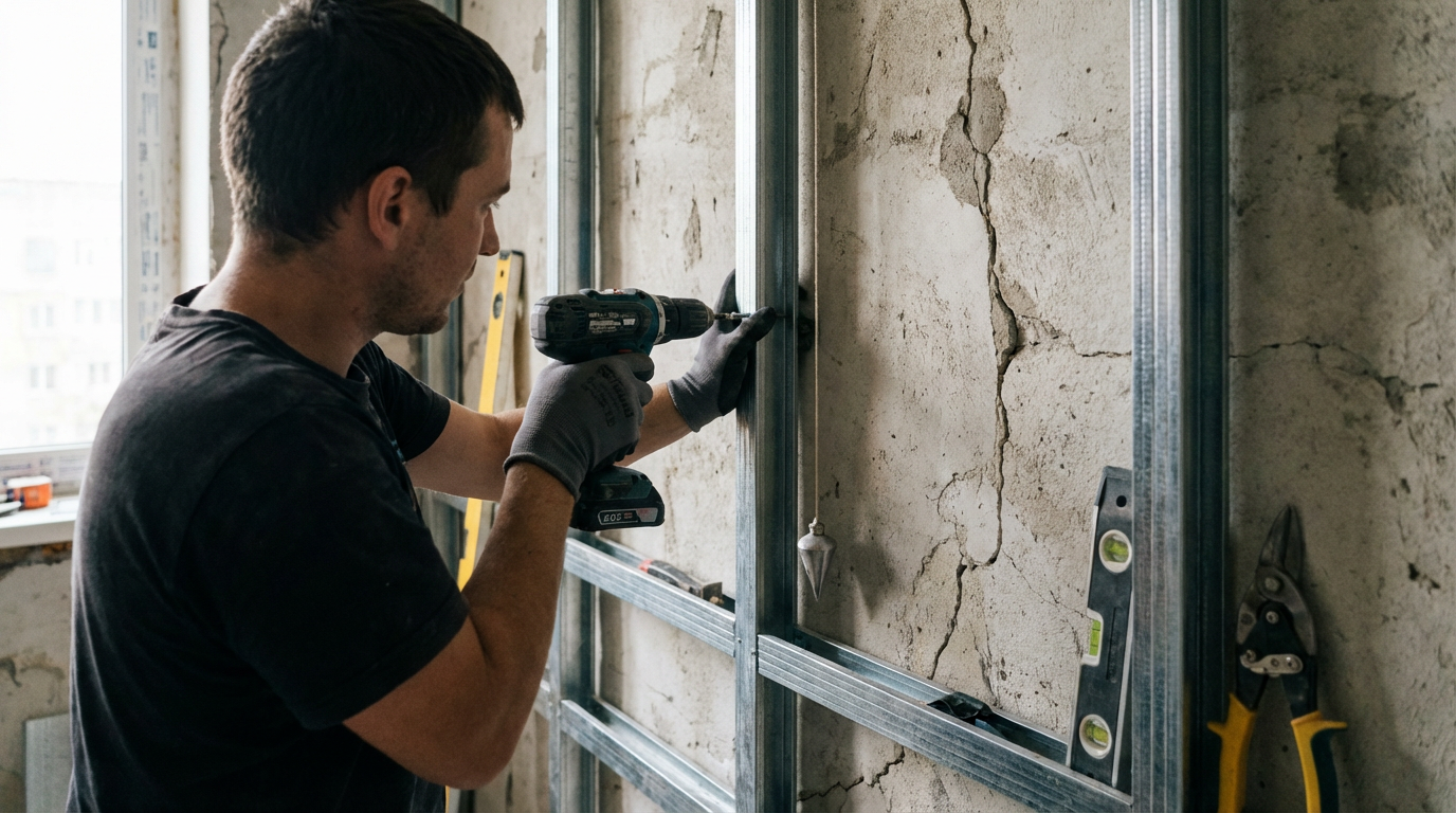 Сборка каркаса из профилей для гипсокартона на неровной стене