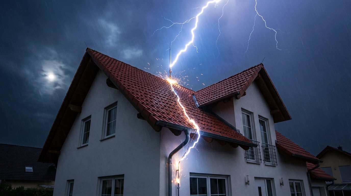 Иллюстрация процесса перехвата и отвода молнии в системе защиты дома