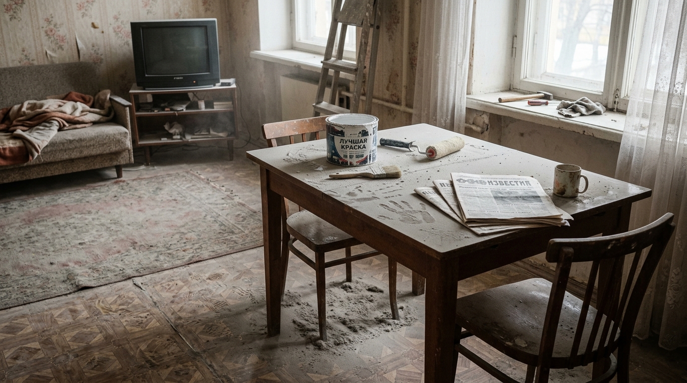 Тонкий слой серой строительной пыли на мебели и полу в типичной российской квартире после ремонта