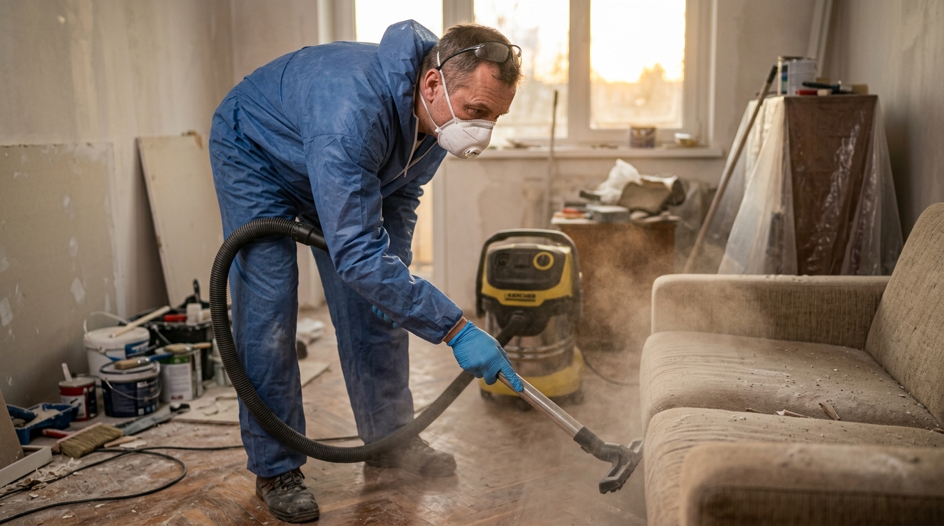 Человек в защитной маске пылесосит пол и мебель от строительной пыли в квартире