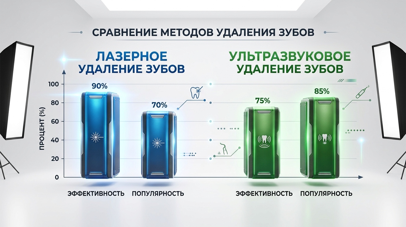 Сравнительная диаграмма лазерного и ультразвукового удаления зубов по популярности и эффективности