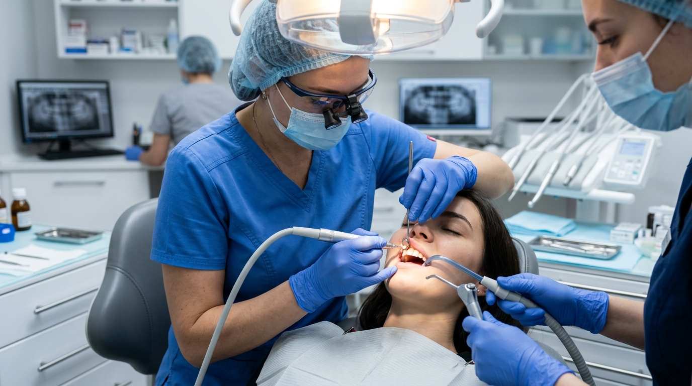 Процесс снятия виниров в стоматологическом кабинете с использованием специального оборудования