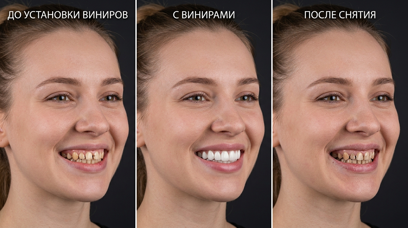 Сравнение зубов до установки виниров, с ними и после снятия
