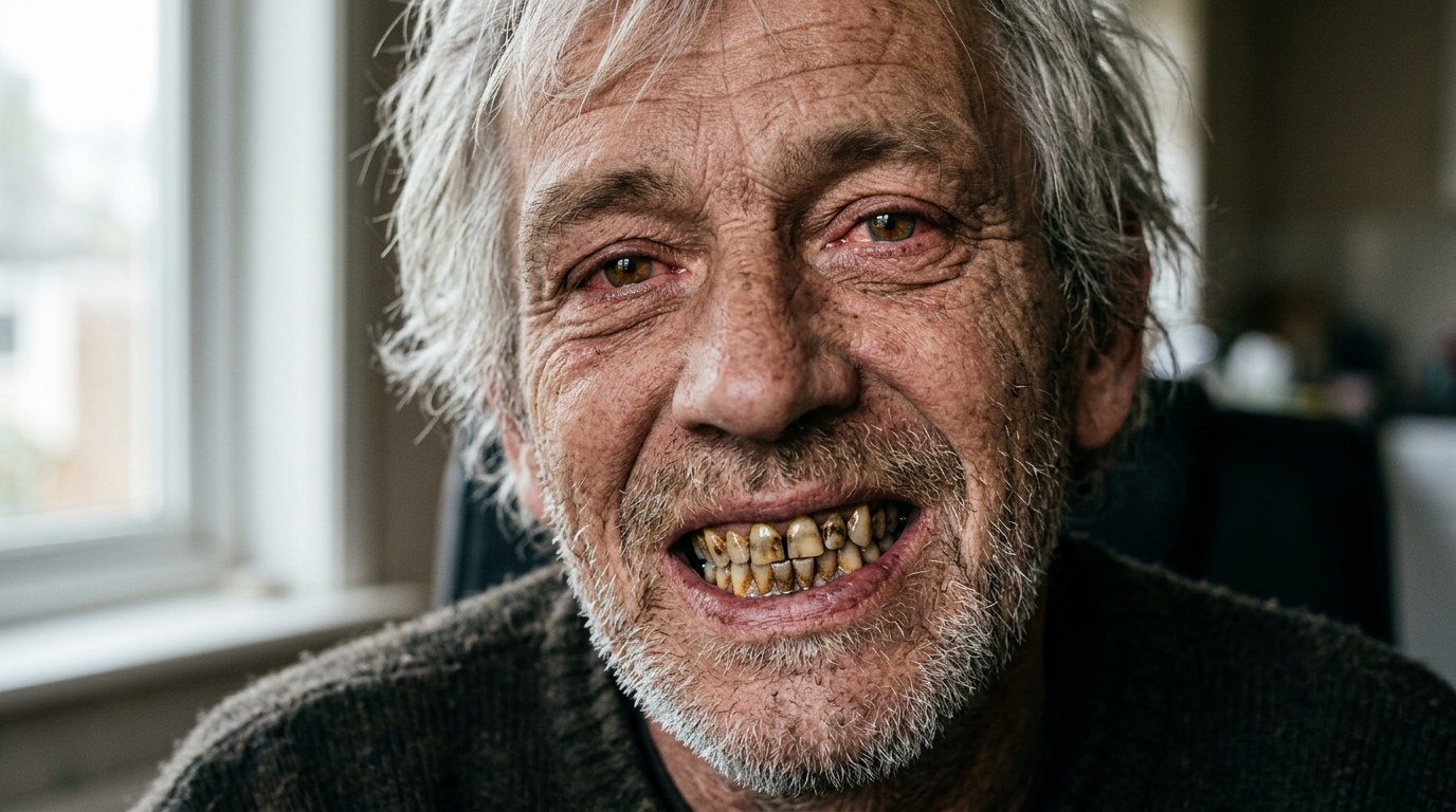 Курильщик с желтыми зубами до профессиональной чистки