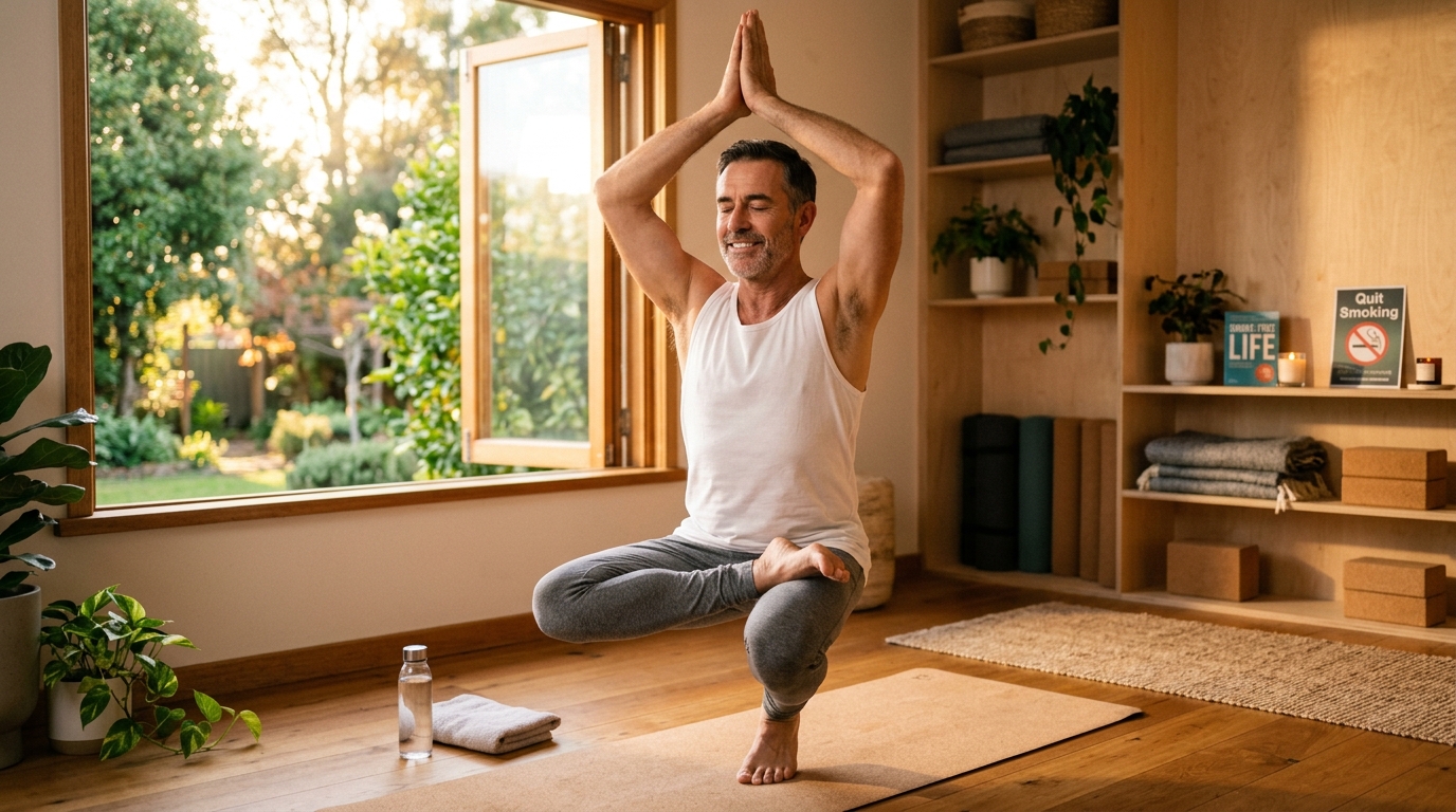 Курильщик после чистки зубов занимается йогой для отказа от вредной привычки