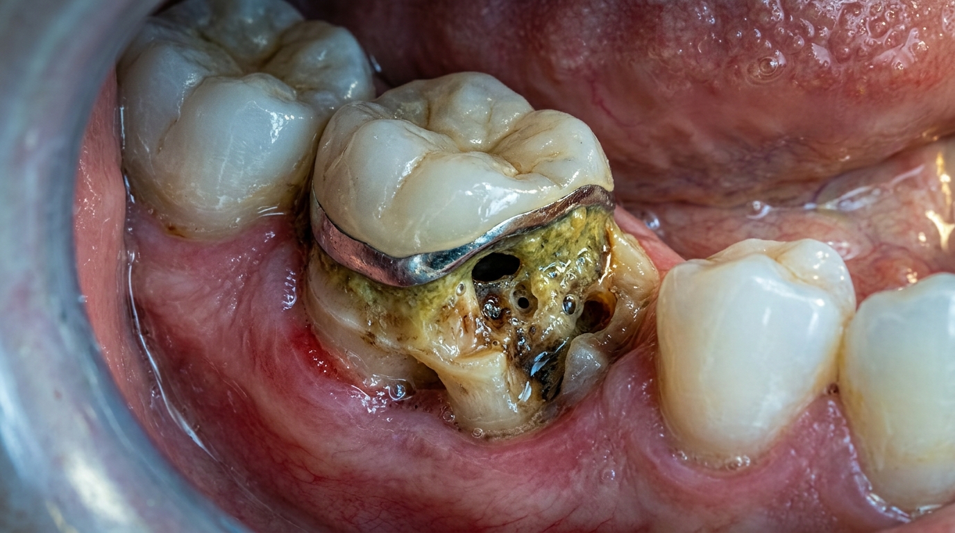 Схема причин неприятного запаха из-под зубной коронки: зазоры, бактерии, кариес