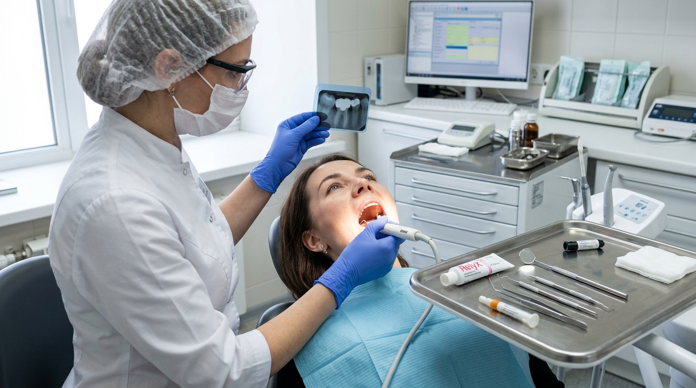 Диагностика и лечение запаха из-под коронки: рентген, ультразвуковая чистка и перецементировка в стоматологическом кабинете