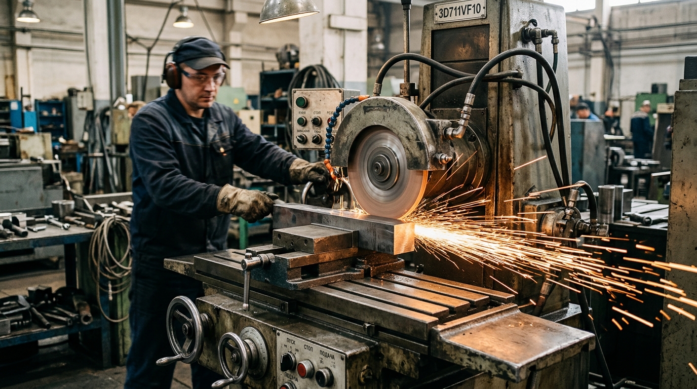 Шлифовальный станок по металлу в работе на производстве