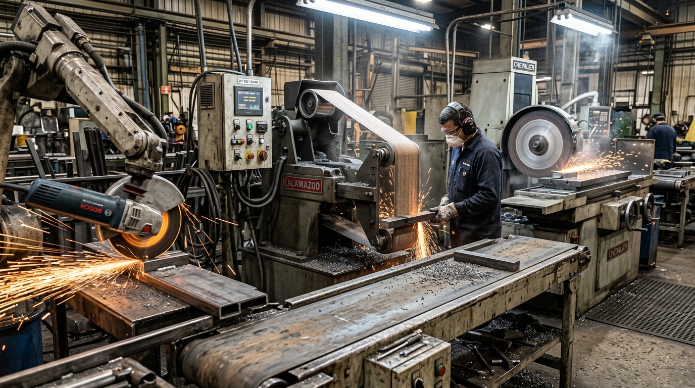 Различные виды шлифовальных станков по металлу на производственной линии