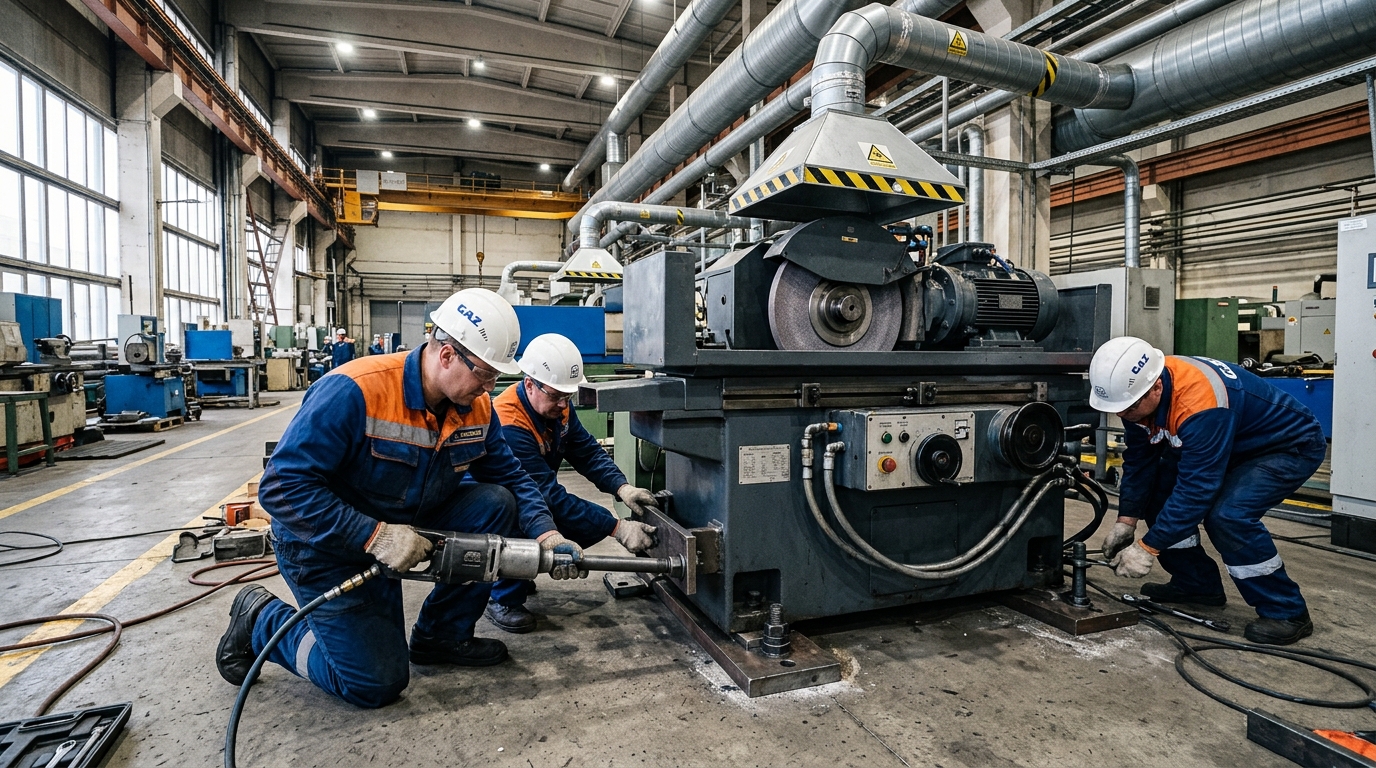 Установка шлифовального станка в производственном цеху с системой вентиляции