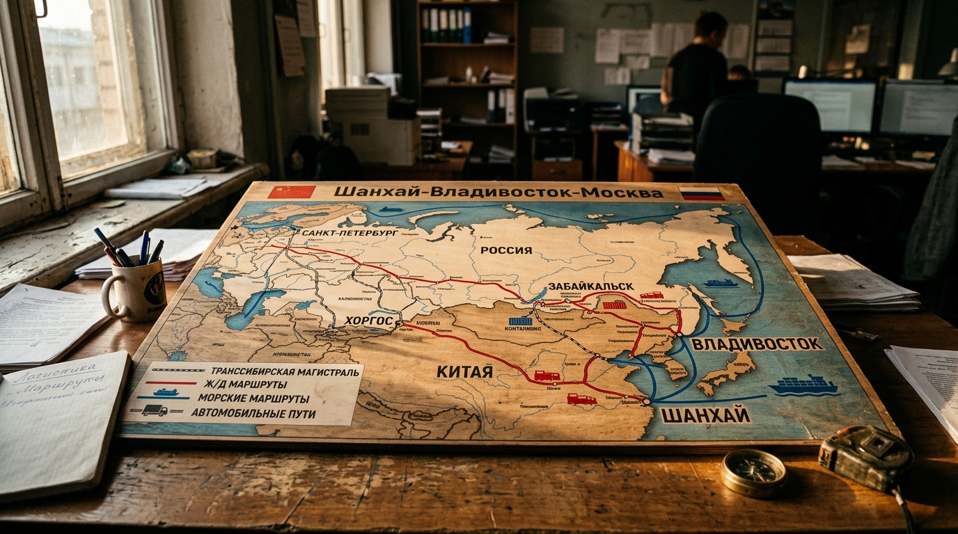 Карта оптимальных маршрутов доставки из Китая в Россию с портами и ж/д путями