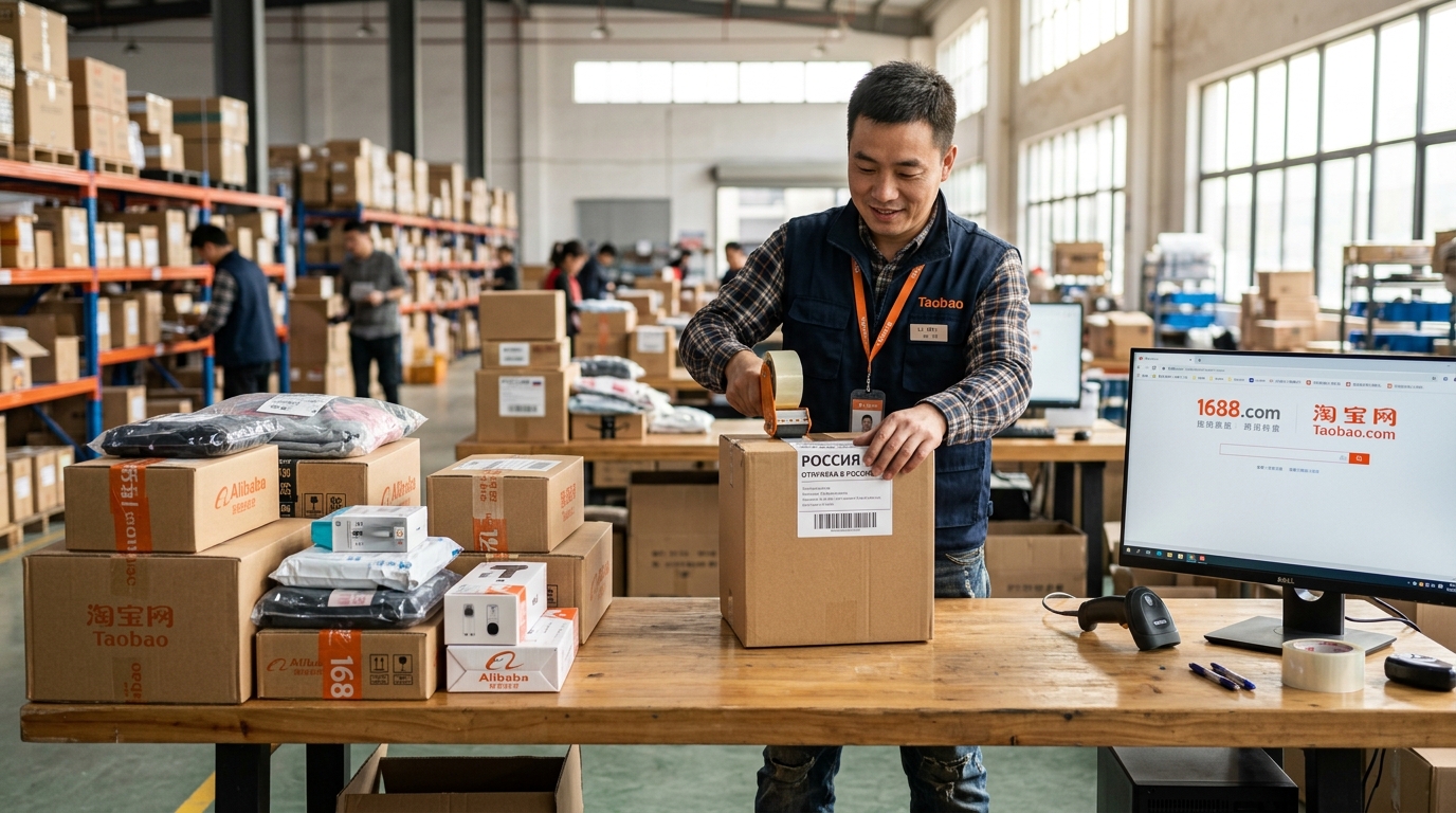 Посредник консолидирует посылки с товаров с платформ 1688 и Taobao перед отправкой в Россию