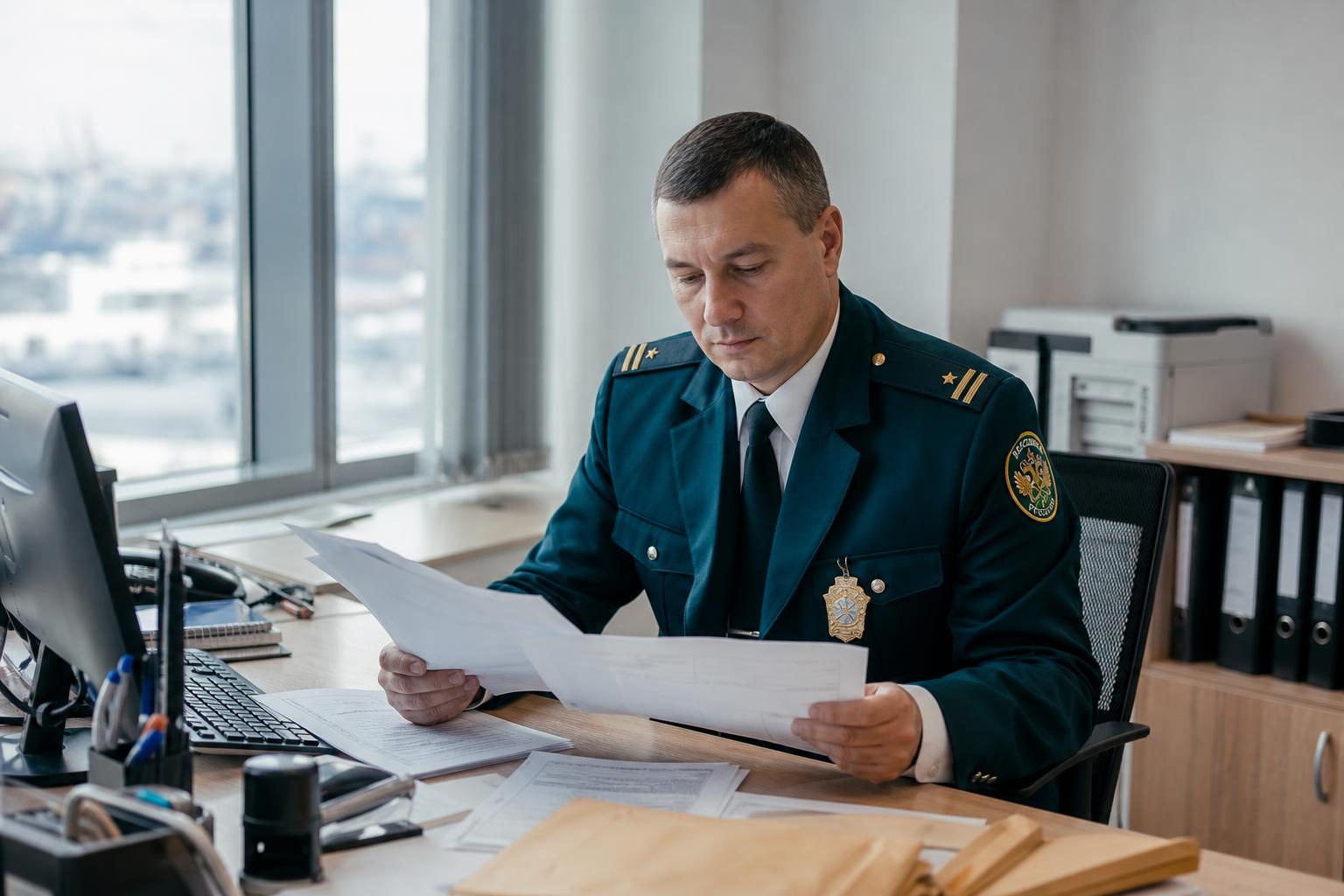 Сотрудник таможни проверяет документы на грузы