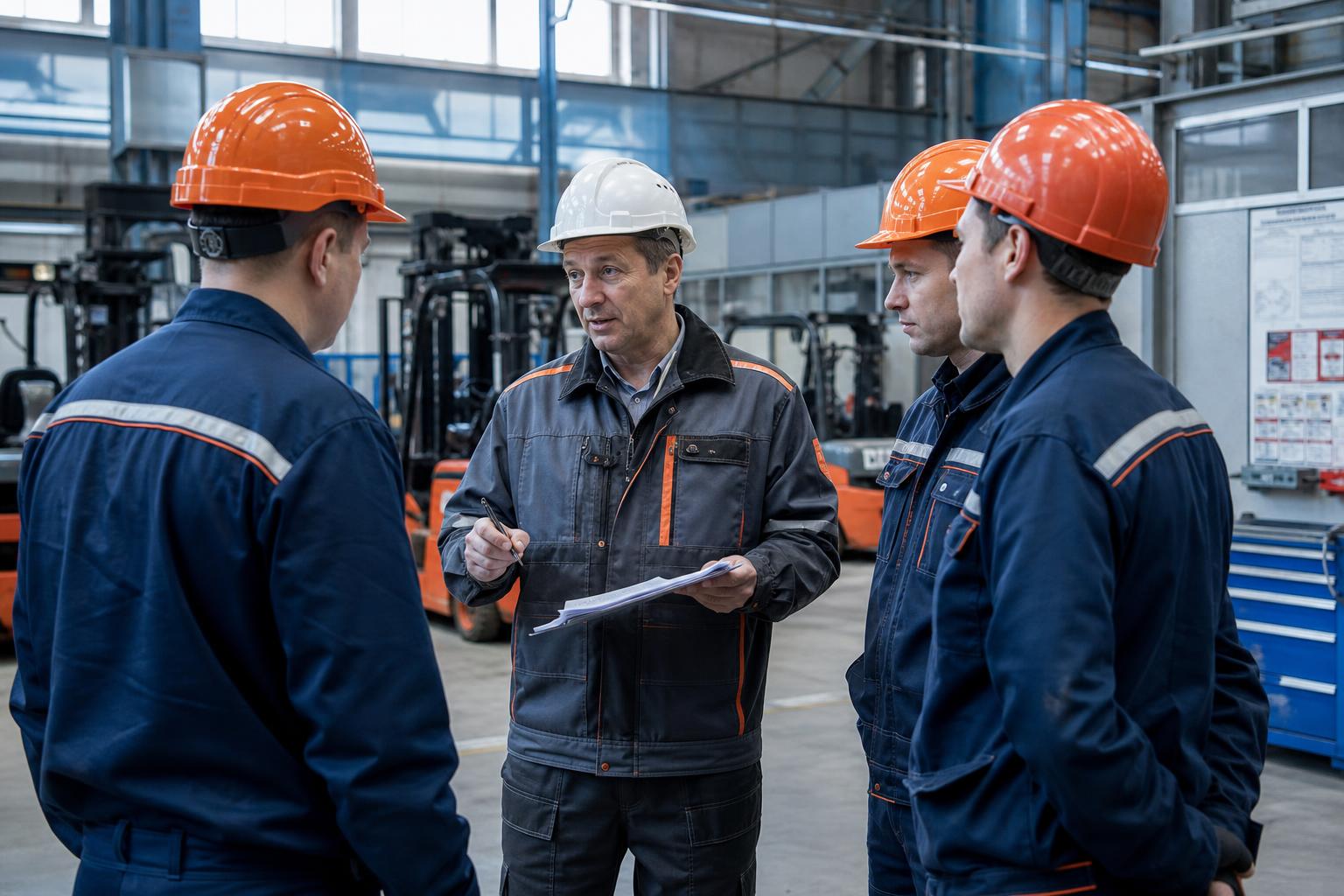 Инструктор проводит обучение операторов подъемной техники на производстве