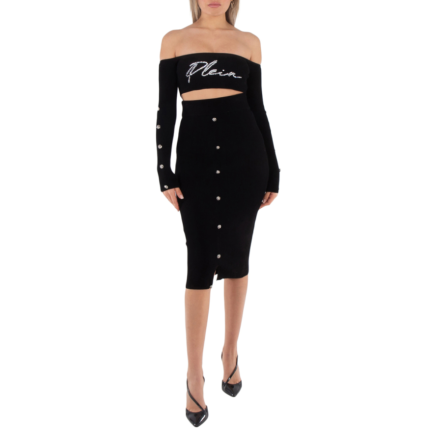 Philipp Plein Black Signature Rib Knit Top and Skirt Set Size X-Small 327$