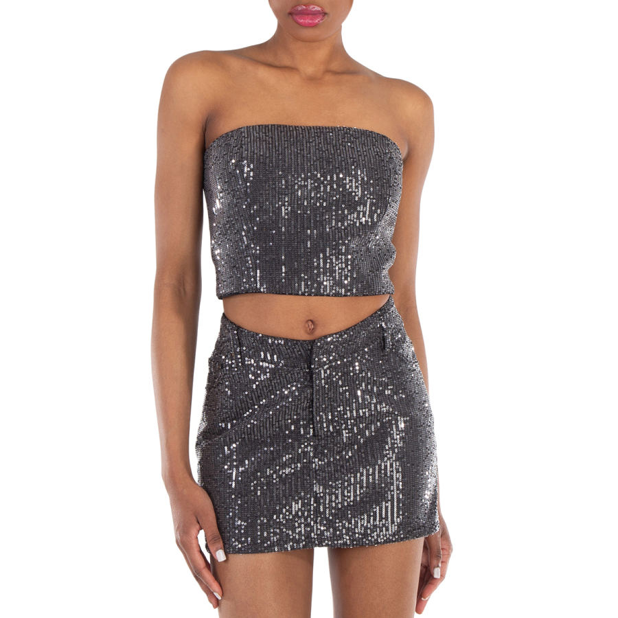 Rotate Ladies Black Sequin-Embellished Strapless Crop Top