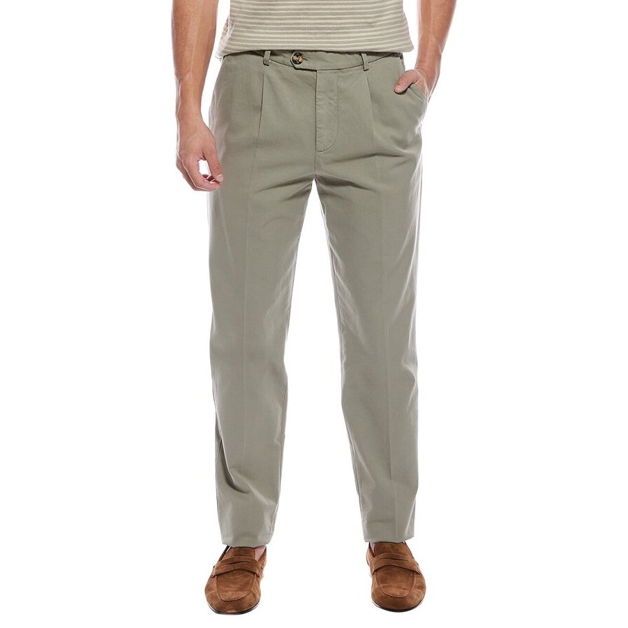 Brunello Cucinelli Pleated Cotton Trousers — Green